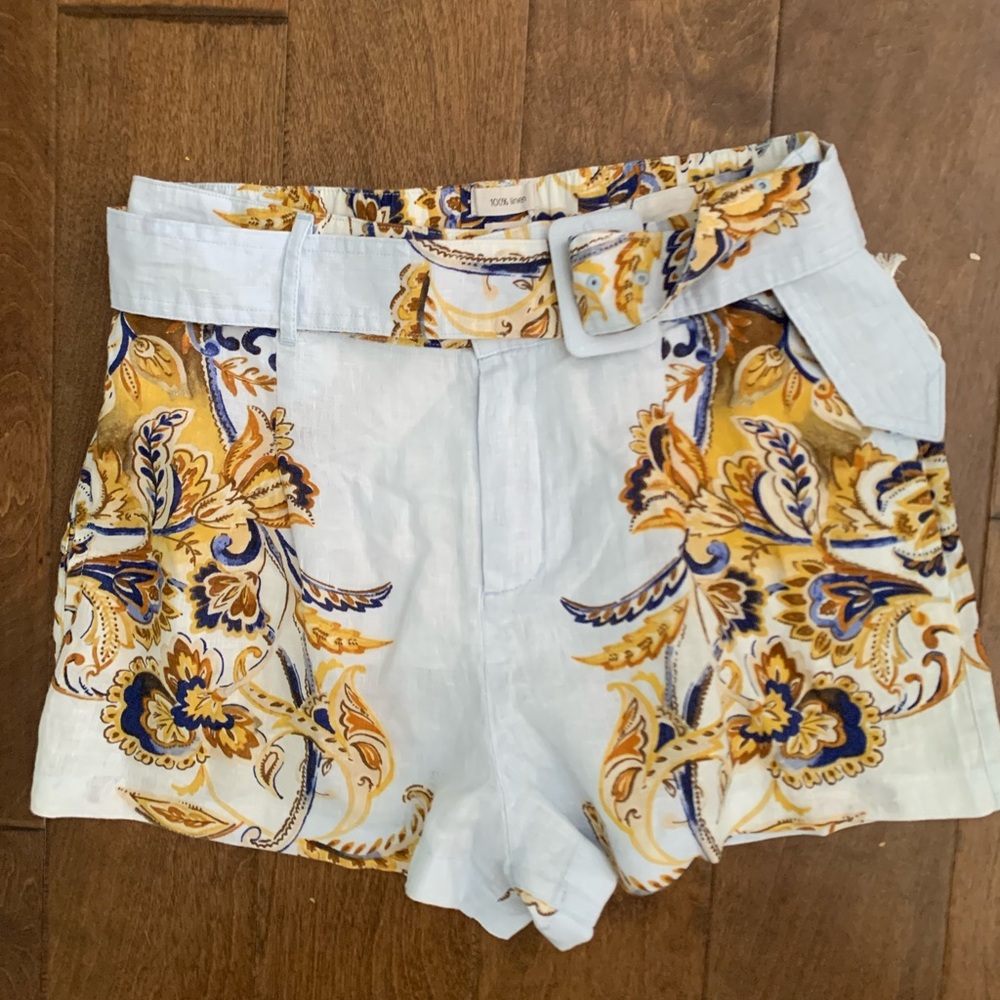 JOIE 100% Linen high waisted iceblue bohemian floral print M NWT belted